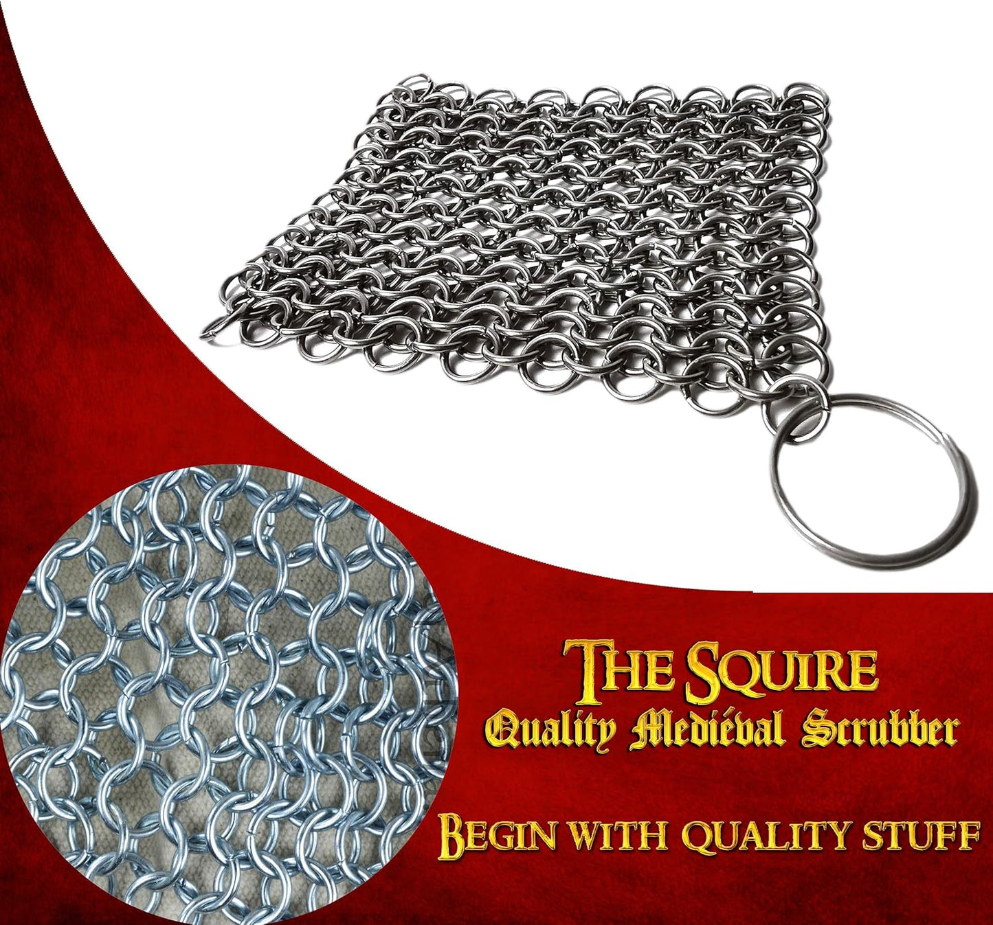 Stainless Steel Cast Iron Cleaner, Chainmail Cast Iron Scrubber Skillet for Wok, Cooking Pot, Griddle, Cauldron Maintenance, Pre Seasoned Pans, Dutch Ovens - 7.9" X 7.9"