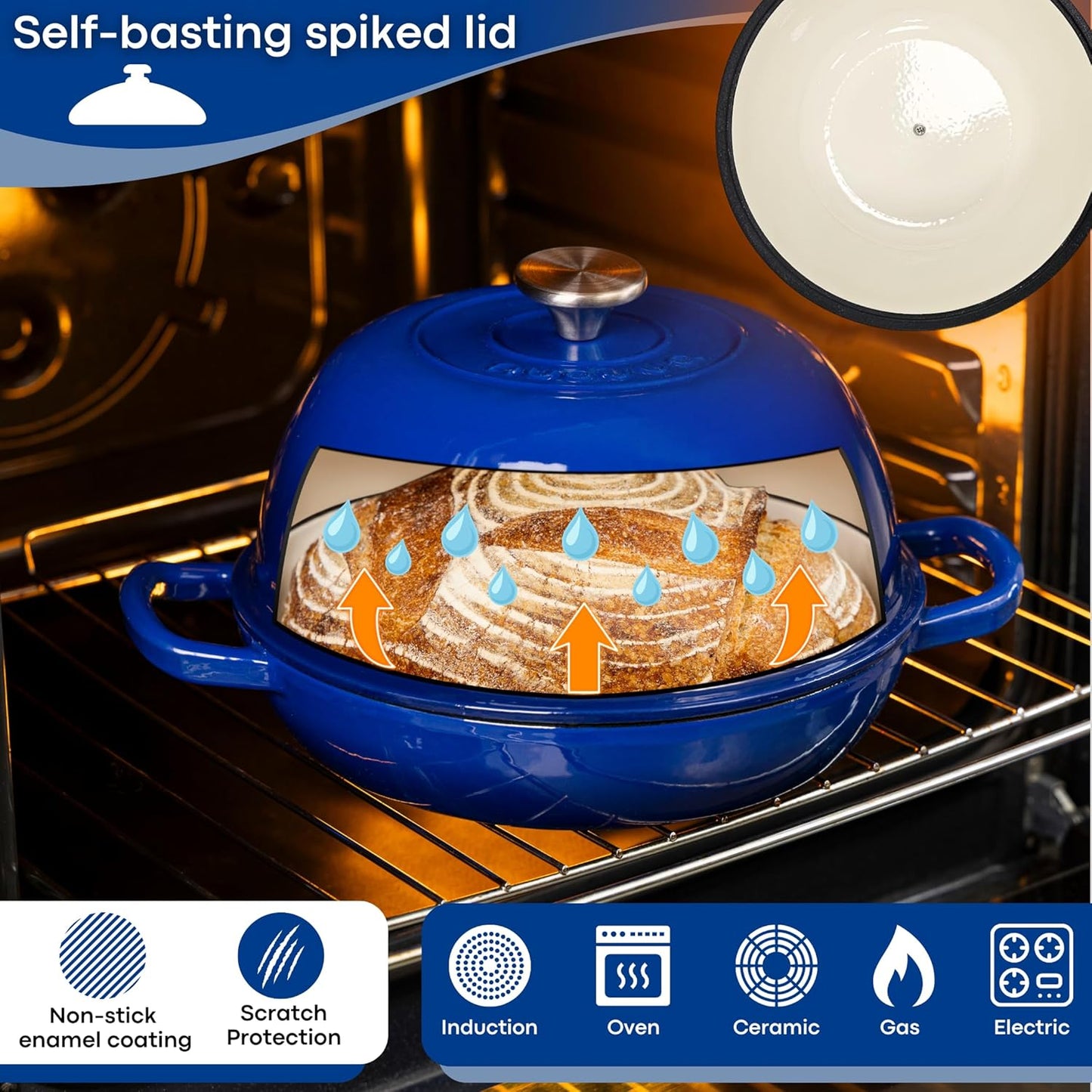 Enamelled Cast Iron Dutch Oven Pot – Dutch Oven for Sourdough Bread Baking – Cast Iron Bread Pot – Dark Blue, 6 Quarts, 26Cm – by
