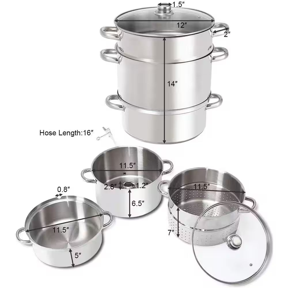 11 Qt. Stainless Steel Multi-Lever Fruit Juicer Steamer Stock Pot, Safe Loop Handles