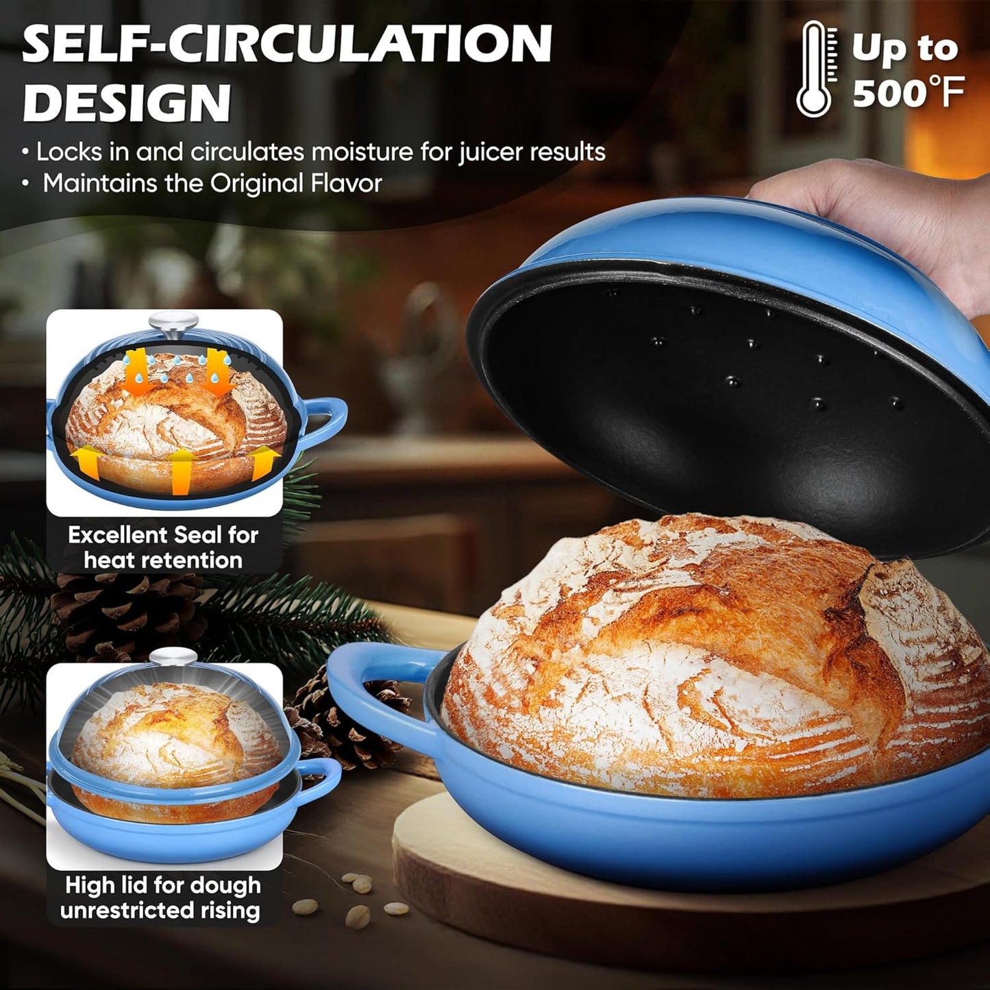Bread Dutch Oven for Sourdough Baking (5.5 QT), Enameled Cast Iron Dutch Oven Pot with Lid, Sourdough Bread Pan with Heavy Duty Dual Handles, Non-Stick & Even Heat, Oven-Safe up to 500°F, Blue