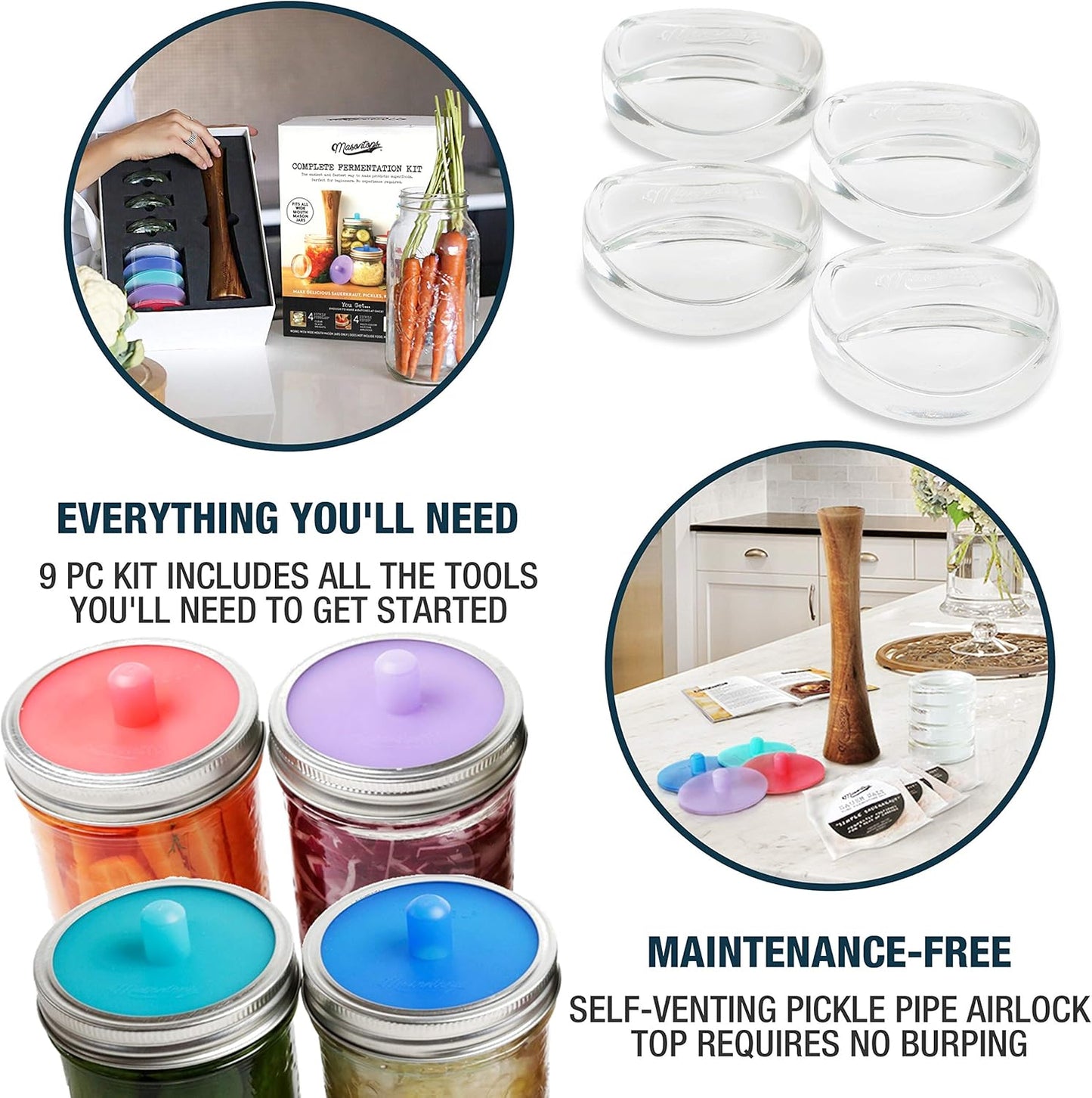 Complete Mason Jar Fermentation Kit - Pickle Kit, Sauerkraut Making Kit Kimchi Container - Fermentation Airlock Lids Wide Mouth Mason Jars