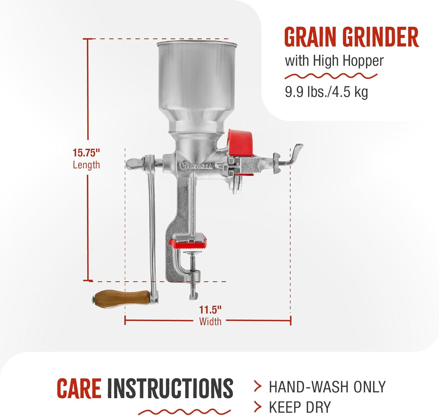 Manual Cast Iron Grain Mill with High Hopper, Premium Corn-Grinding Mill and Grain Grinder, Made in Colombia