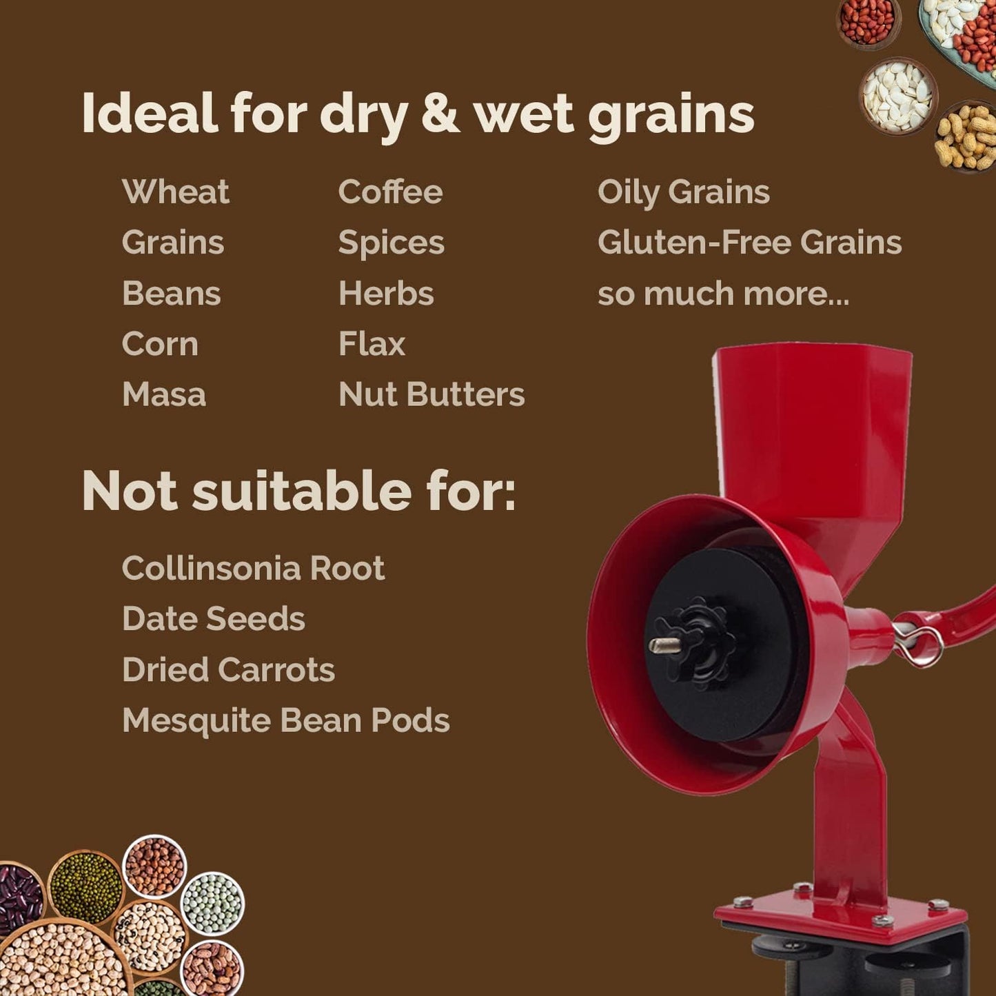 Hand Grain Mill Red Wonder Junior Deluxe- Manual Grain Mill and Grain Grinder for Dry and Oily Grains - Kitchen Flour Mill, Hand Crank and Spice, Corn, Wheat Stone Mill Grinder