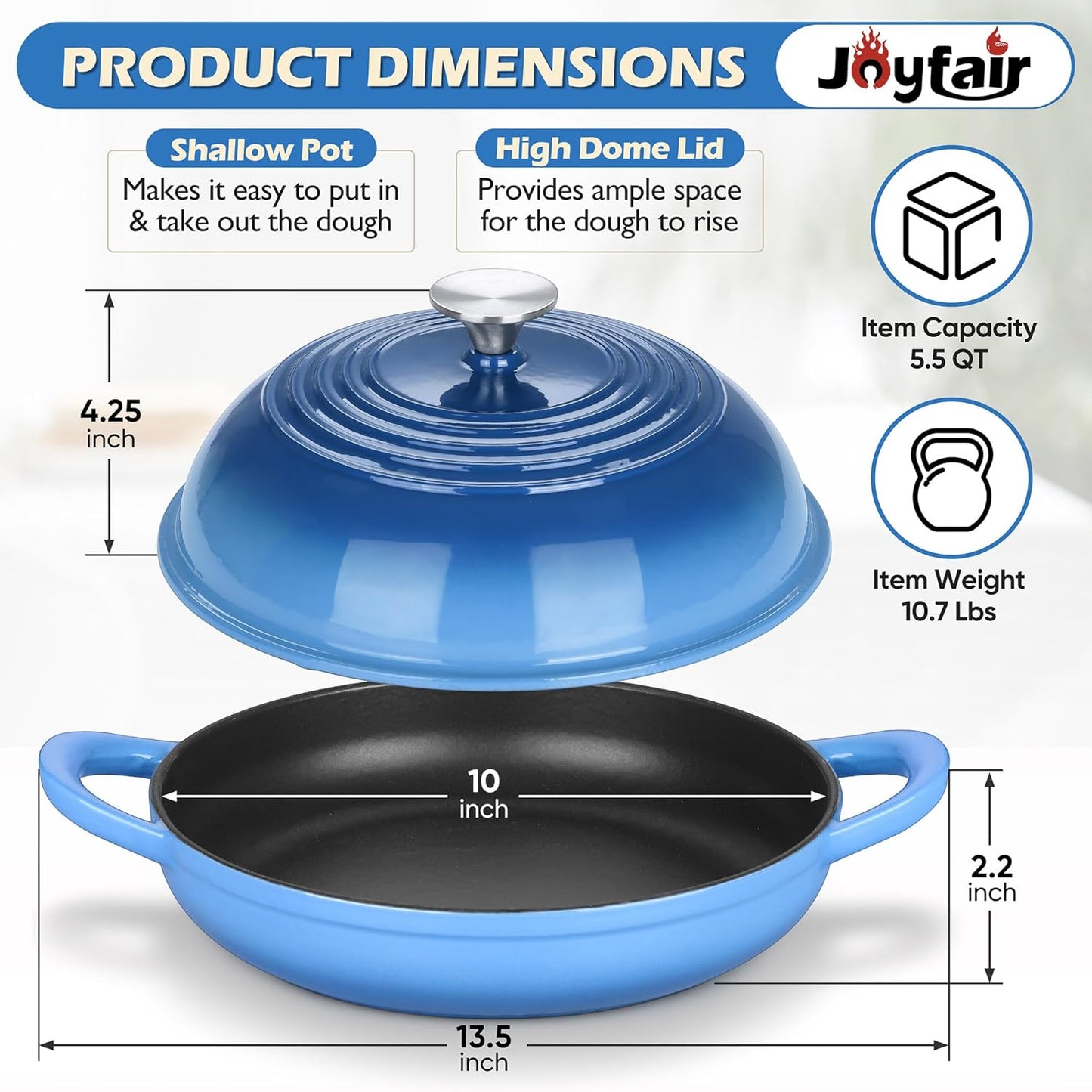 Bread Dutch Oven for Sourdough Baking (5.5 QT), Enameled Cast Iron Dutch Oven Pot with Lid, Sourdough Bread Pan with Heavy Duty Dual Handles, Non-Stick & Even Heat, Oven-Safe up to 500°F, Blue