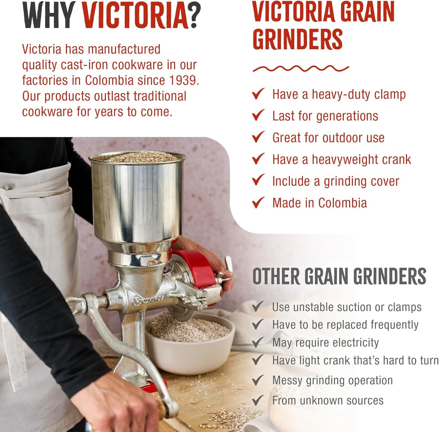 Manual Cast Iron Grain Mill with High Hopper, Premium Corn-Grinding Mill and Grain Grinder, Made in Colombia