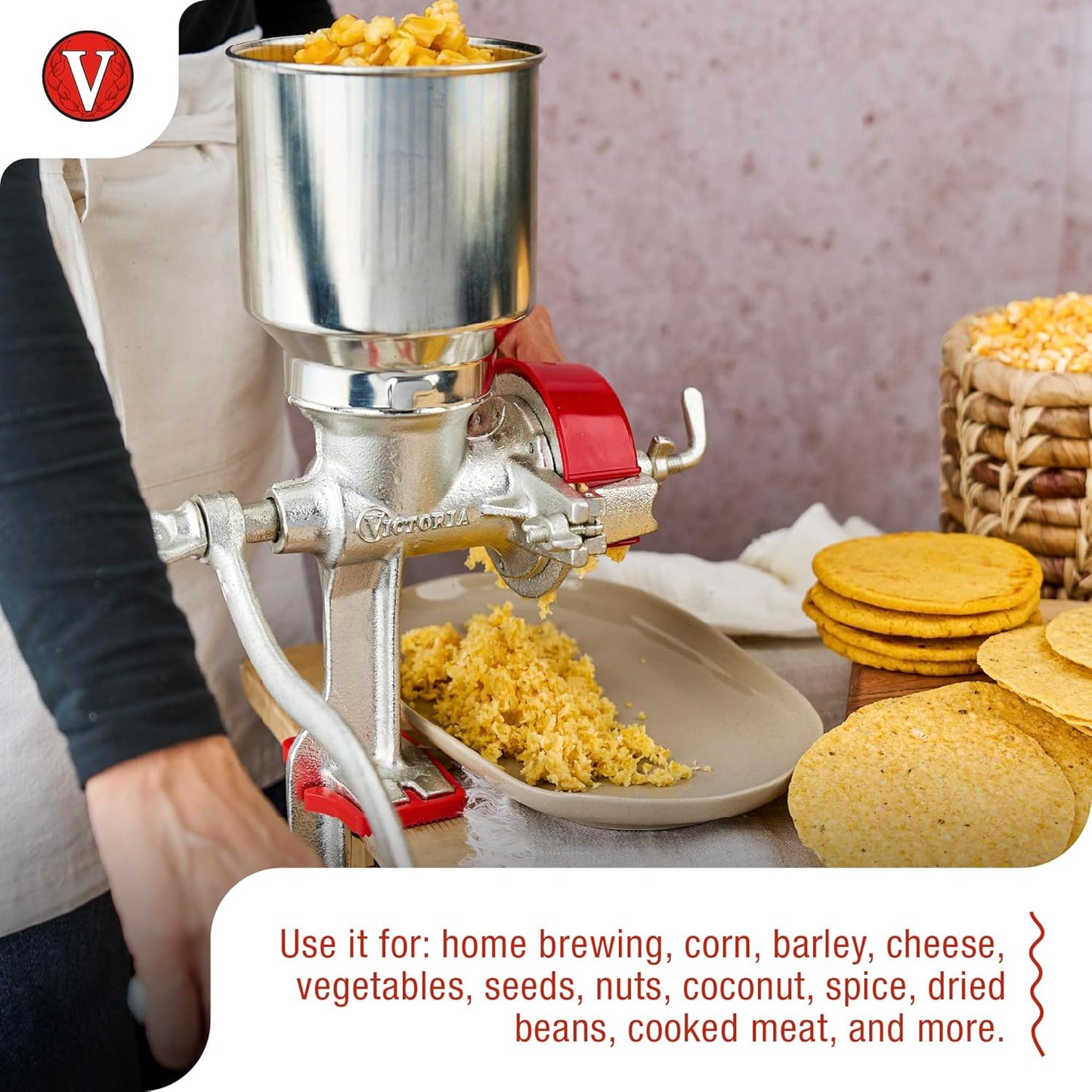 Manual Cast Iron Grain Mill with High Hopper, Premium Corn-Grinding Mill and Grain Grinder, Made in Colombia