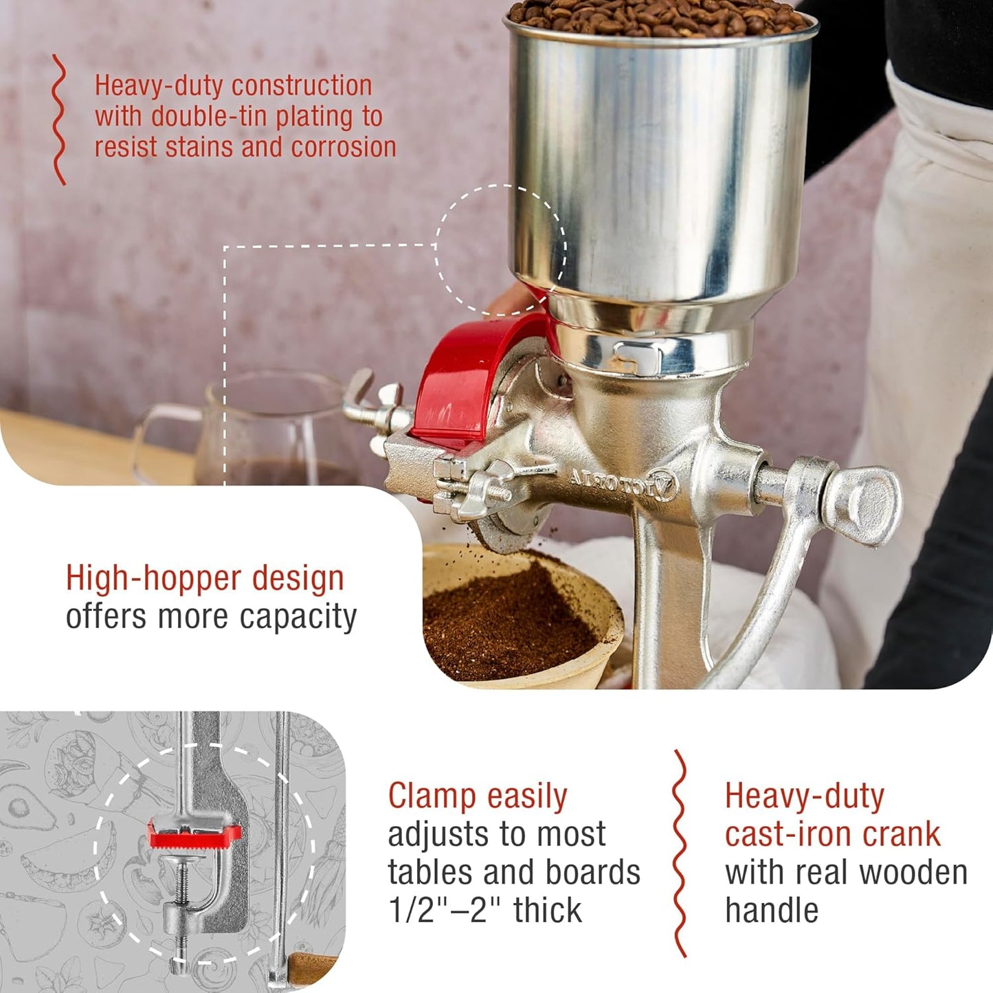 Manual Cast Iron Grain Mill with High Hopper, Premium Corn-Grinding Mill and Grain Grinder, Made in Colombia