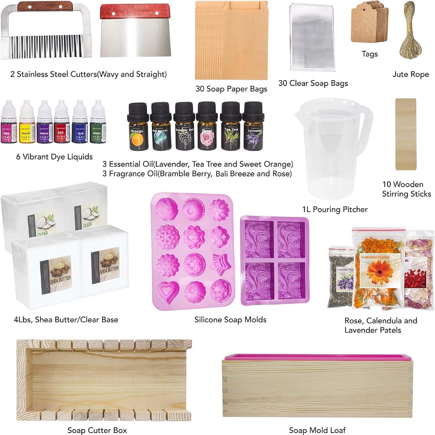 Soap Making Kit for Adults and Kids - Soap Making Supplies with Melt & Pour Soap Base, Soap Loaf Molds, Cutting Box, Silicone Molds, Essential Oil & Fragrances Beginner DIY Craft Kits