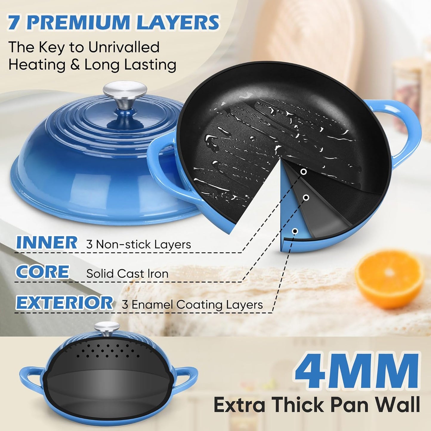 Bread Dutch Oven for Sourdough Baking (5.5 QT), Enameled Cast Iron Dutch Oven Pot with Lid, Sourdough Bread Pan with Heavy Duty Dual Handles, Non-Stick & Even Heat, Oven-Safe up to 500°F, Blue