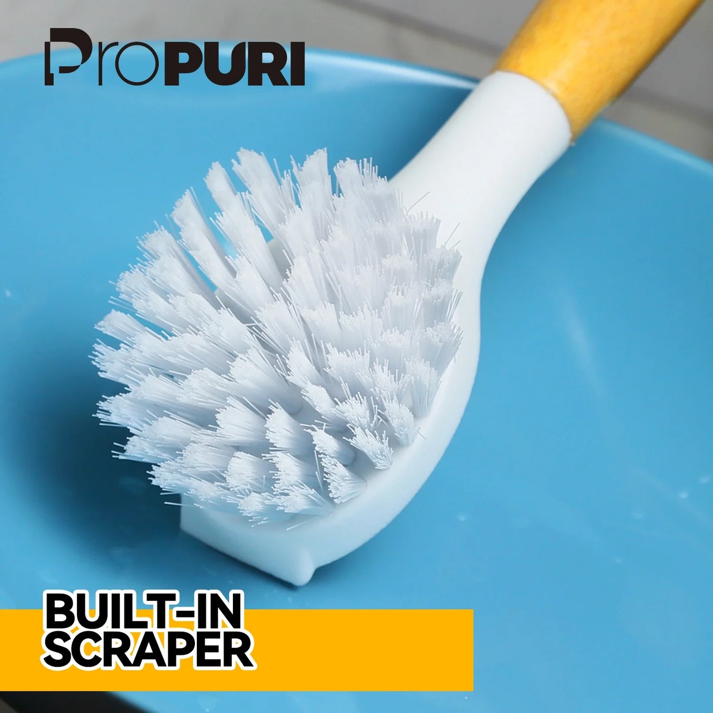 Dish Brush Set with Bamboo Handle, Kitchen Scrub Brush,3 Pack Yellow White Black