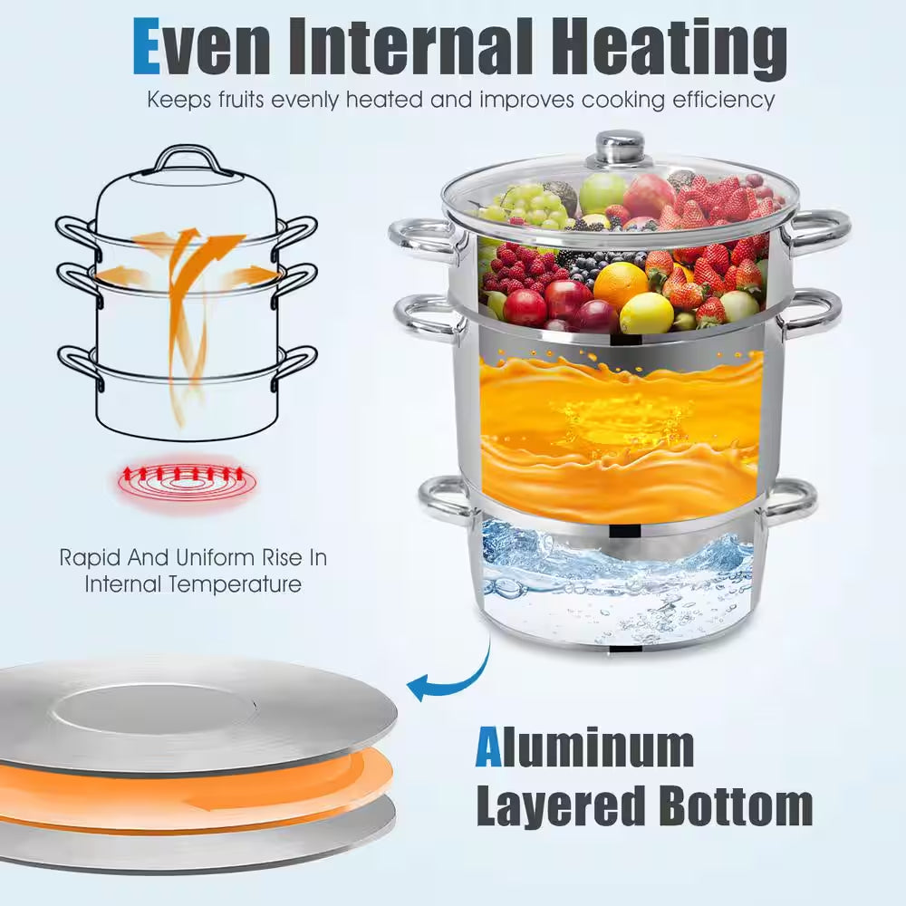 11 Qt. Stainless Steel Multi-Lever Fruit Juicer Steamer Stock Pot, Safe Loop Handles