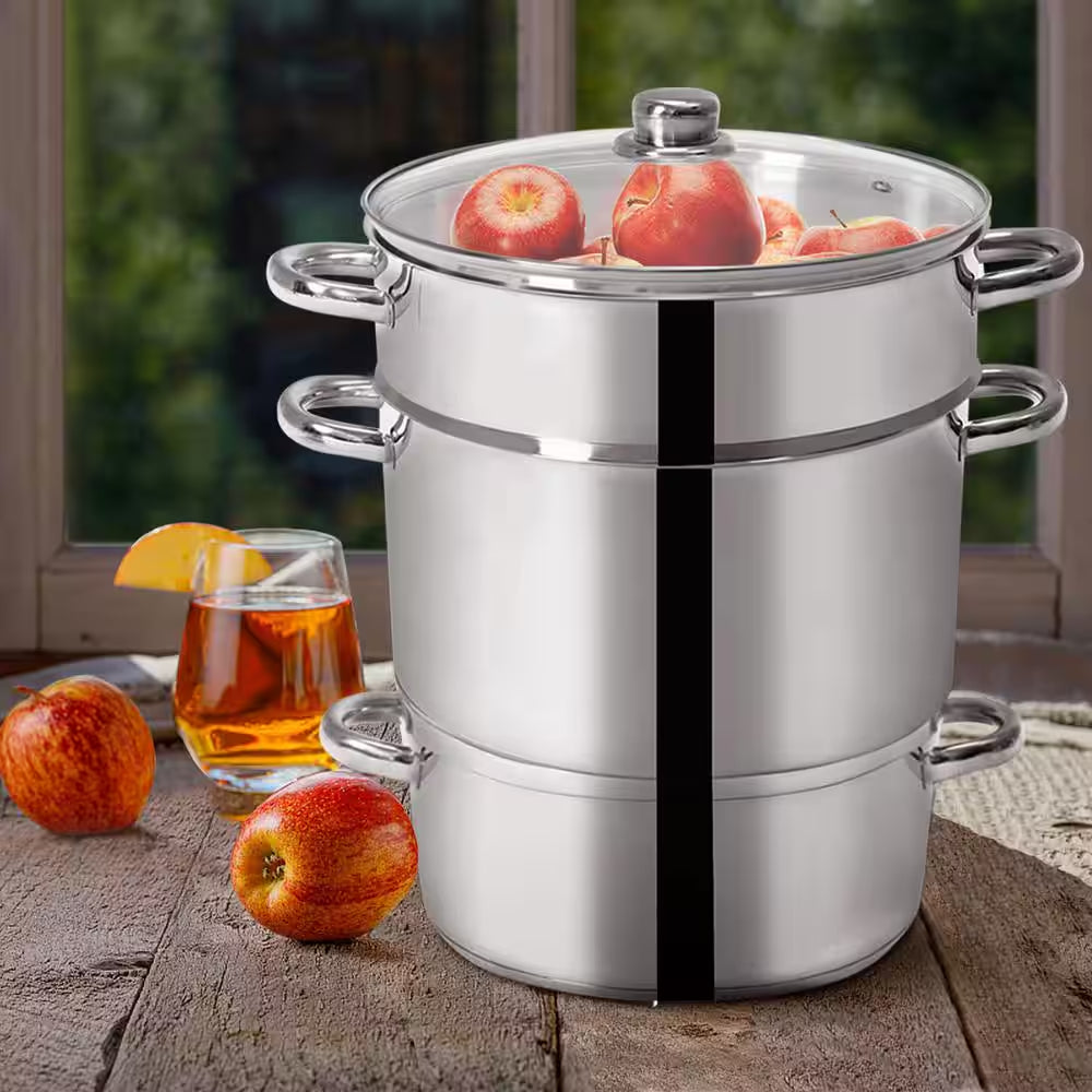 11 Qt. Stainless Steel Multi-Lever Fruit Juicer Steamer Stock Pot, Safe Loop Handles
