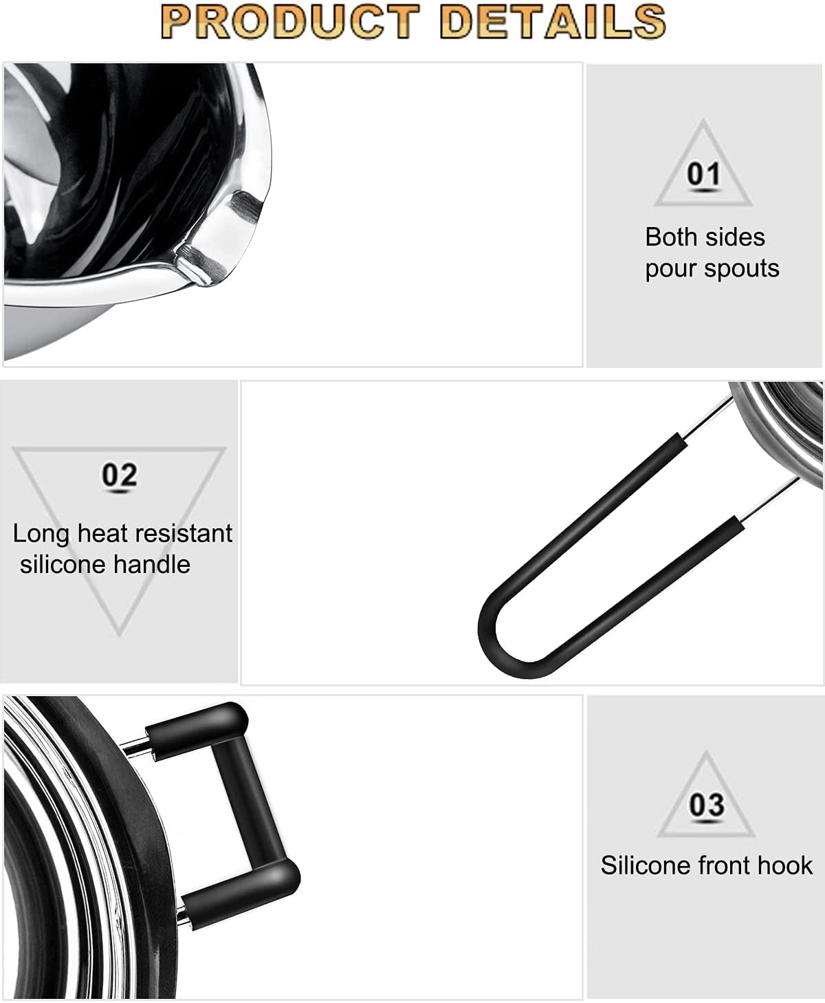 Double Boiler Pot Set, Stainless Steel Melting Pot with Silicone Spatula for Melting Chocolate, Soap, Wax, Candle Making (600Ml and 1600Ml)