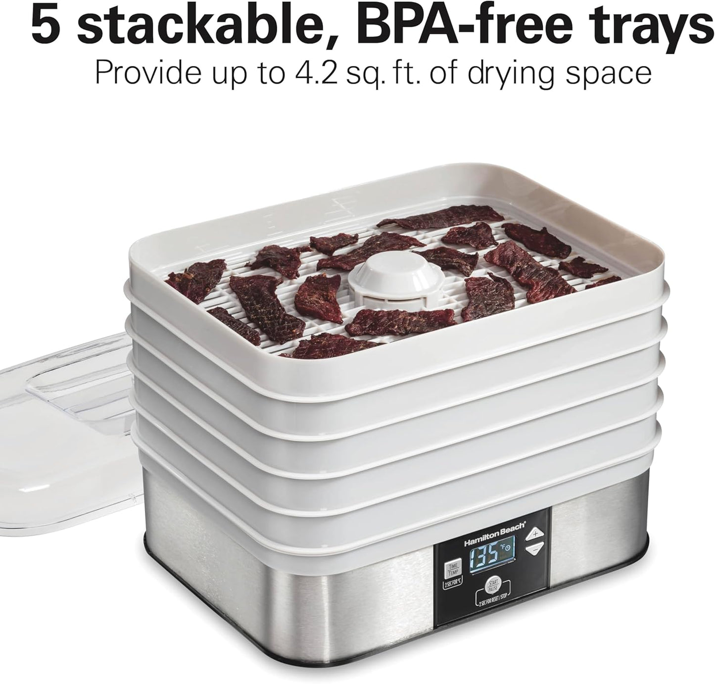 Digital Food Dehydrator for Fruit and Jerky, Vegetables and More, 5 Trays, Adjustable Temperature, 48 Hour Timer + Auto Shutoff, Grey (32100A)