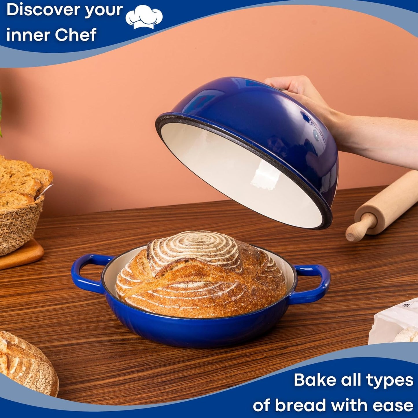 Enamelled Cast Iron Dutch Oven Pot – Dutch Oven for Sourdough Bread Baking – Cast Iron Bread Pot – Dark Blue, 6 Quarts, 26Cm – by