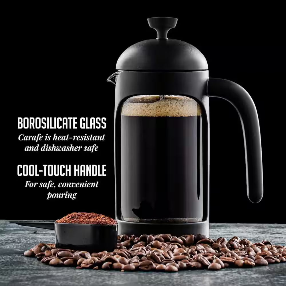 1.5 Cup Black French Press Coffee Maker with Heat Resistant Borosilicate Glass