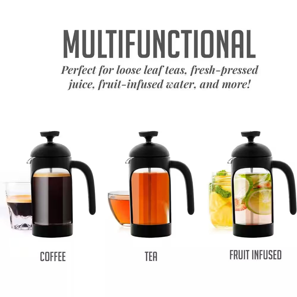 1.5 Cup Black French Press Coffee Maker with Heat Resistant Borosilicate Glass