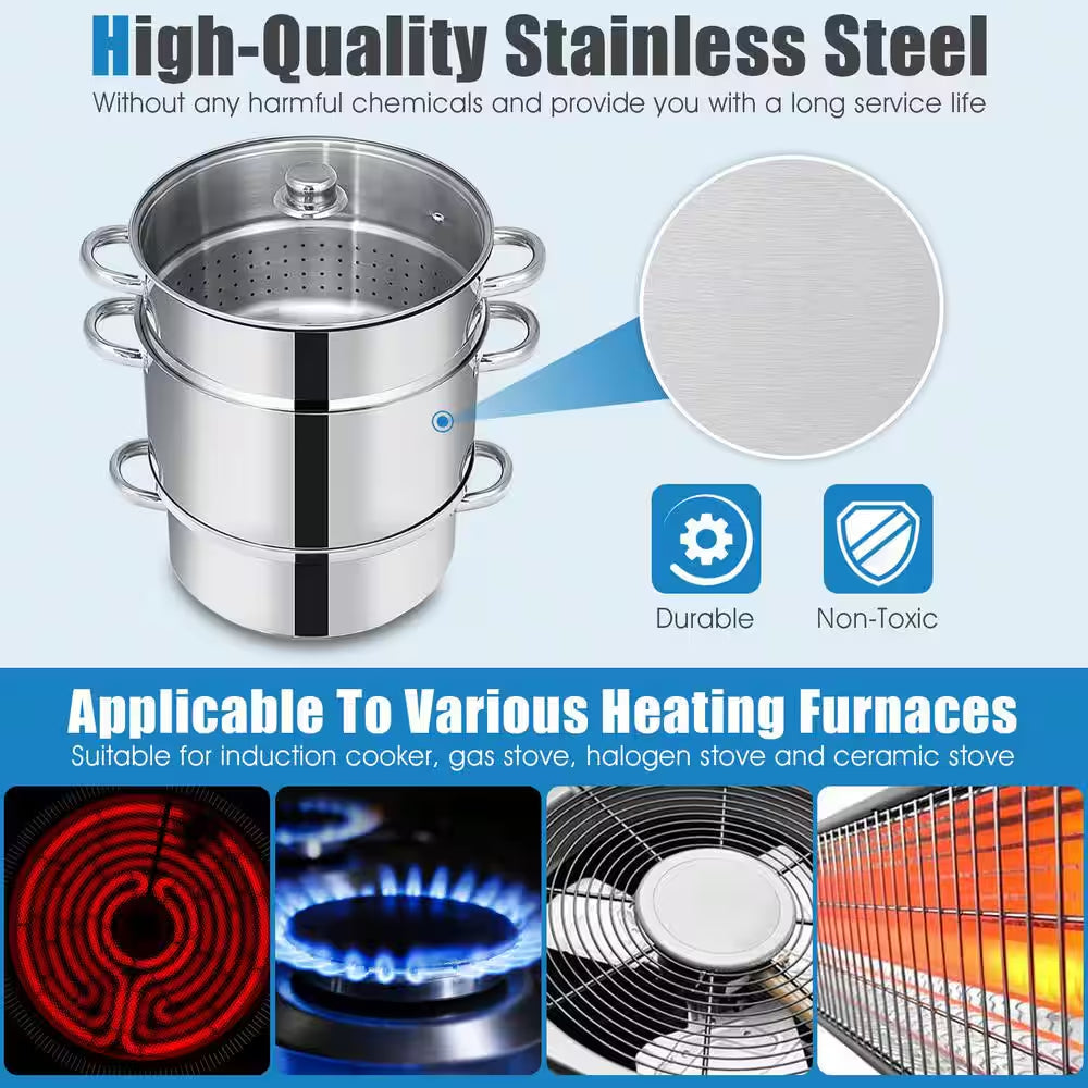 11 Qt. Stainless Steel Multi-Lever Fruit Juicer Steamer Stock Pot, Safe Loop Handles