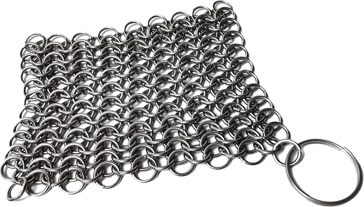 Stainless Steel Cast Iron Cleaner, Chainmail Cast Iron Scrubber Skillet for Wok, Cooking Pot, Griddle, Cauldron Maintenance, Pre Seasoned Pans, Dutch Ovens - 7.9" X 7.9"