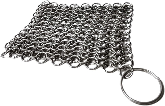 Stainless Steel Cast Iron Cleaner, Chainmail Cast Iron Scrubber Skillet for Wok, Cooking Pot, Griddle, Cauldron Maintenance, Pre Seasoned Pans, Dutch Ovens - 7.9" X 7.9"
