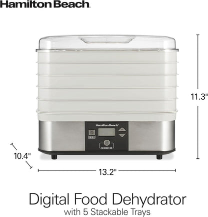 Digital Food Dehydrator for Fruit and Jerky, Vegetables and More, 5 Trays, Adjustable Temperature, 48 Hour Timer + Auto Shutoff, Grey (32100A)