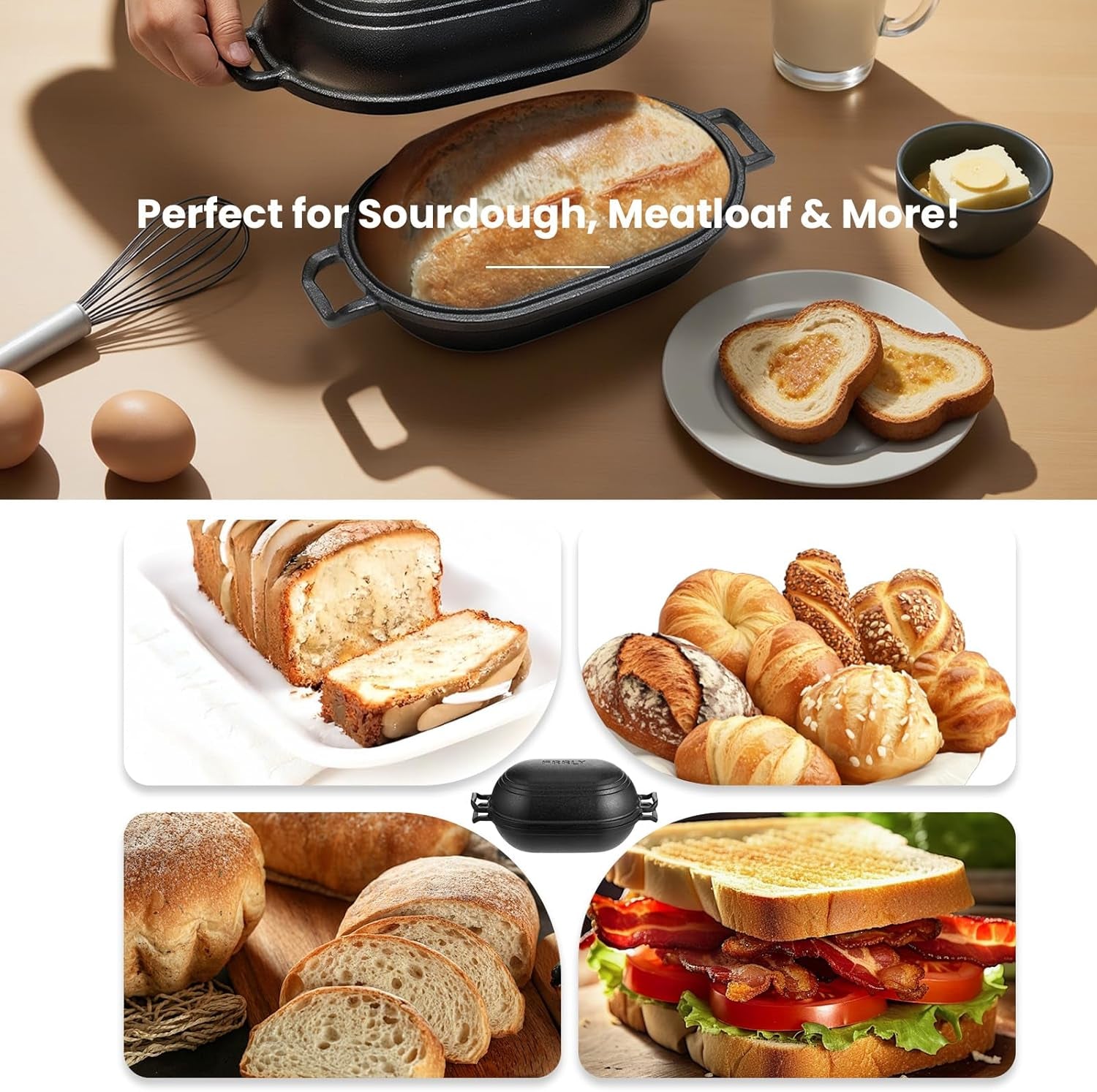Cast Iron Loaf Pan with Lid-Bread Baking Pan for Sourdough,Pre-Seasoned Oval Dutch Oven, 9 X 5-4/5 Inch Loaf Pans for Homemade,Heavy Duty with Even Heating