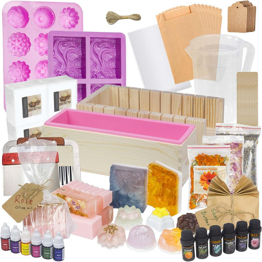 Soap Making Kit for Adults and Kids - Soap Making Supplies with Melt & Pour Soap Base, Soap Loaf Molds, Cutting Box, Silicone Molds, Essential Oil & Fragrances Beginner DIY Craft Kits