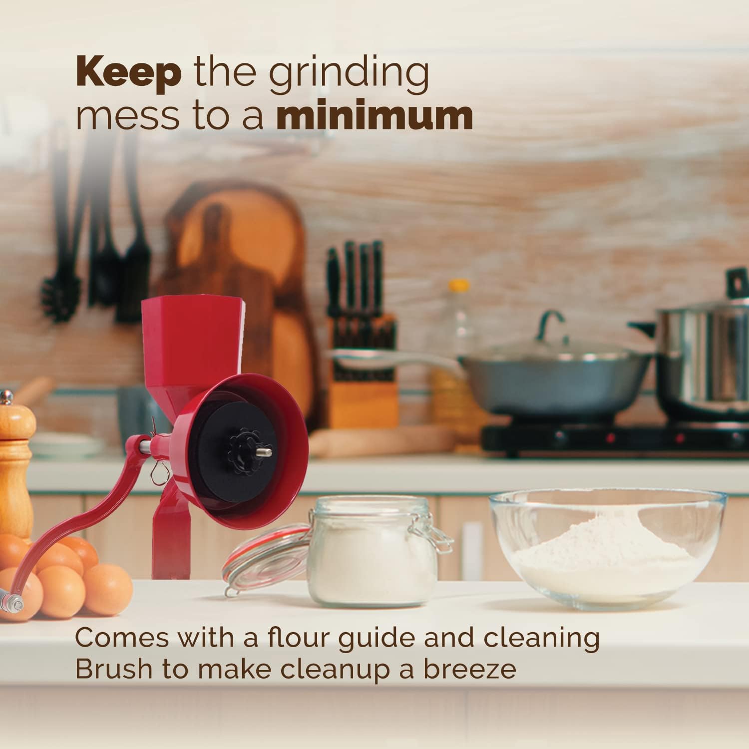 Hand Grain Mill Red Wonder Junior Deluxe- Manual Grain Mill and Grain Grinder for Dry and Oily Grains - Kitchen Flour Mill, Hand Crank and Spice, Corn, Wheat Stone Mill Grinder