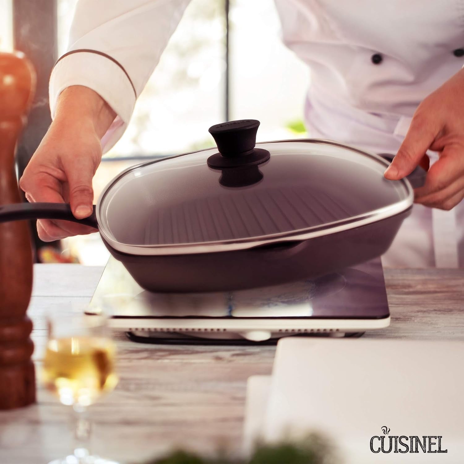 Cast Iron Square Grill Pan + Glass Lid + Pan Scraper + Handle Cover - 10.5" Pre-Seasoned Ridged Skillet - Grill, Stovetop, Fire, Indoor/Outdoor Use - for Grilling, Frying, Sauteing