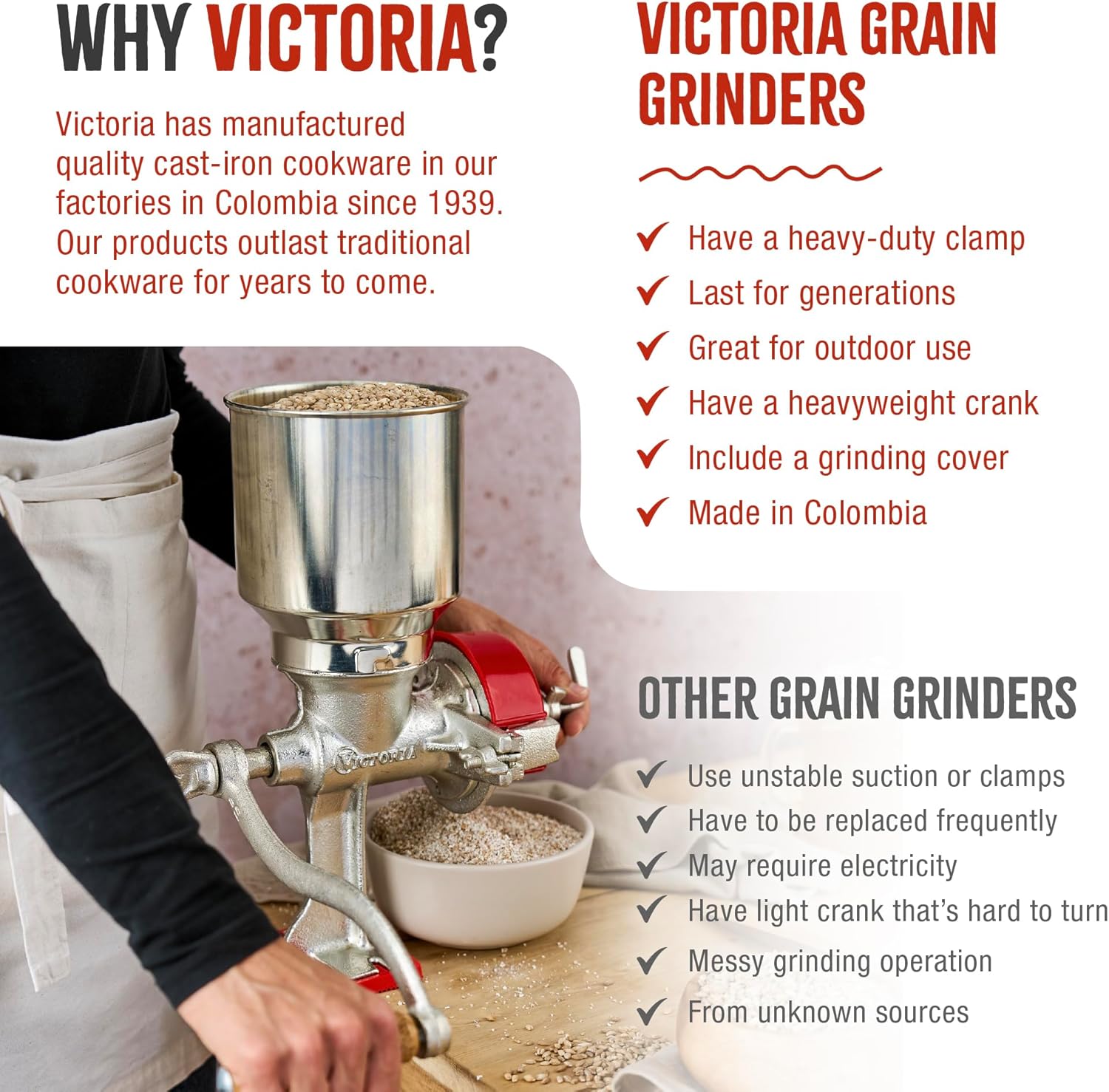 Manual Cast Iron Grain Mill with High Hopper, Premium Corn-Grinding Mill and Grain Grinder, Made in Colombia