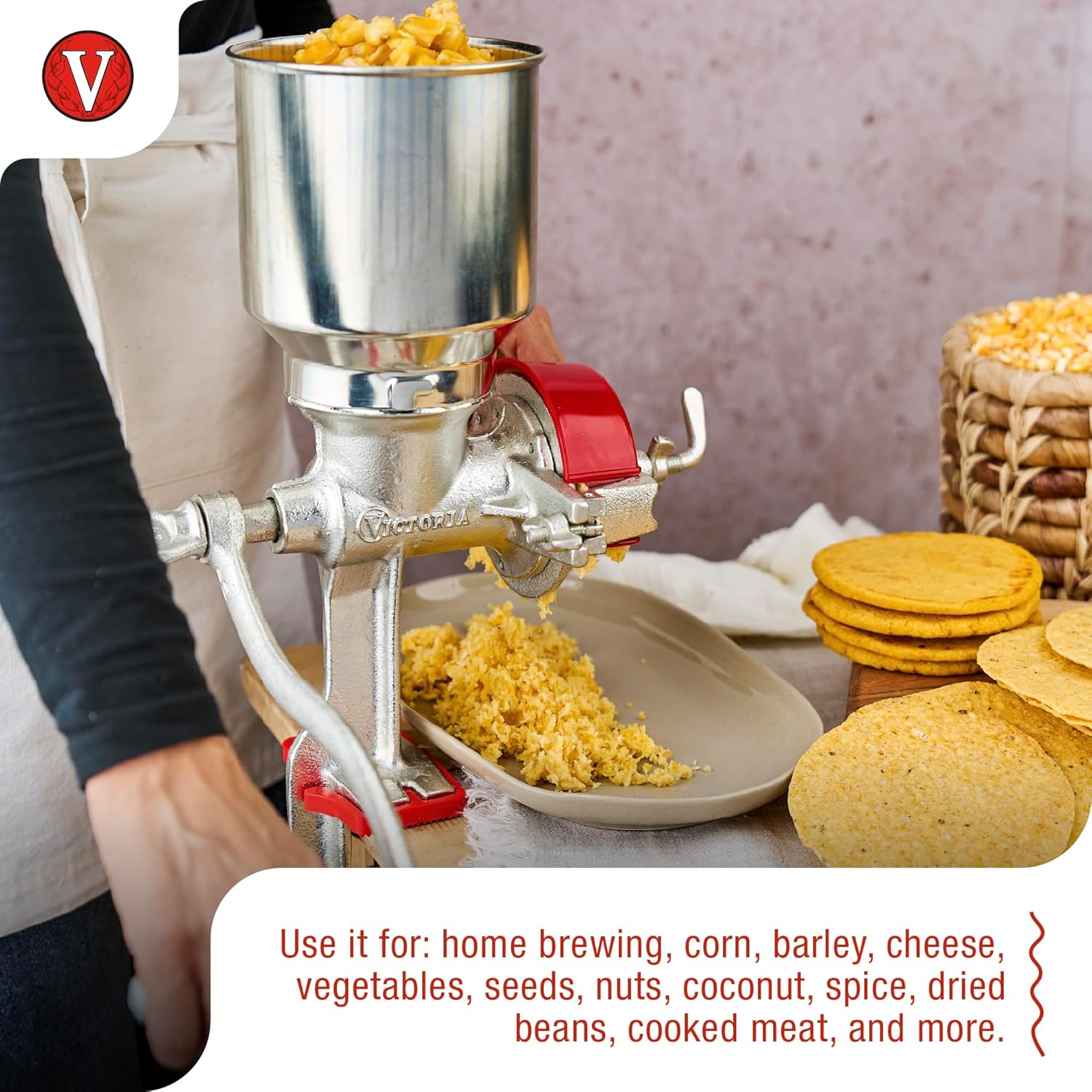 Manual Cast Iron Grain Mill with High Hopper, Premium Corn-Grinding Mill and Grain Grinder, Made in Colombia