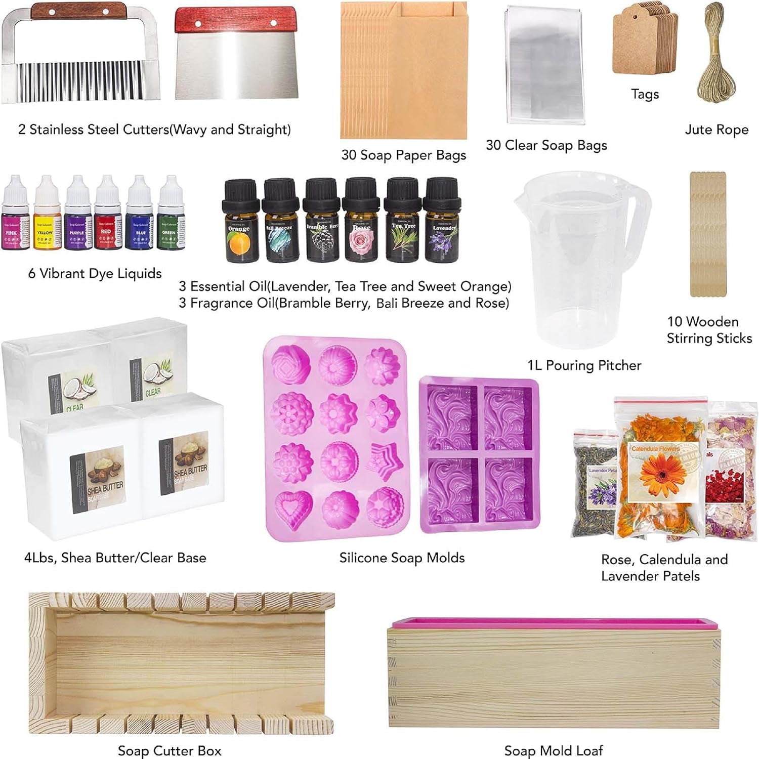 Soap Making Kit for Adults and Kids - Soap Making Supplies with Melt & Pour Soap Base, Soap Loaf Molds, Cutting Box, Silicone Molds, Essential Oil & Fragrances Beginner DIY Craft Kits