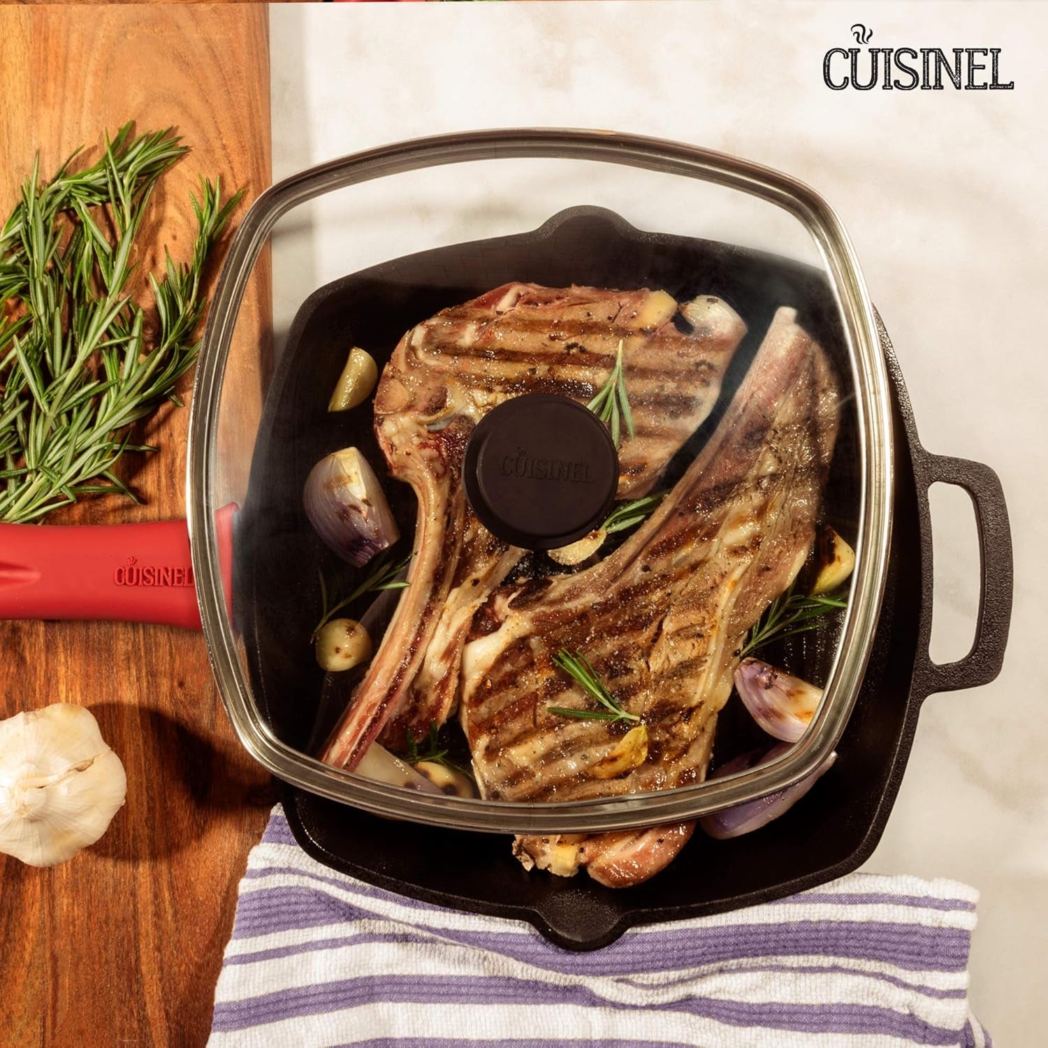 Cast Iron Square Grill Pan + Glass Lid + Pan Scraper + Handle Cover - 10.5" Pre-Seasoned Ridged Skillet - Grill, Stovetop, Fire, Indoor/Outdoor Use - for Grilling, Frying, Sauteing
