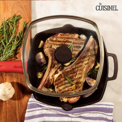 Cast Iron Square Grill Pan + Glass Lid + Pan Scraper + Handle Cover - 10.5" Pre-Seasoned Ridged Skillet - Grill, Stovetop, Fire, Indoor/Outdoor Use - for Grilling, Frying, Sauteing