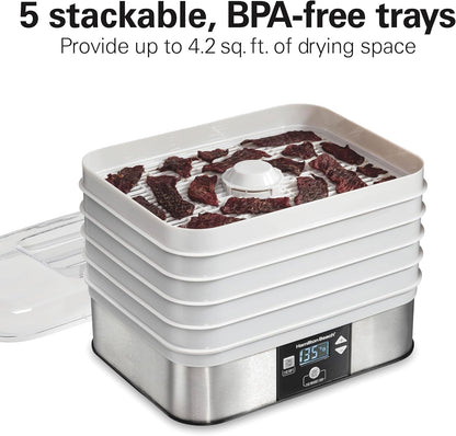 Digital Food Dehydrator for Fruit and Jerky, Vegetables and More, 5 Trays, Adjustable Temperature, 48 Hour Timer + Auto Shutoff, Grey (32100A)