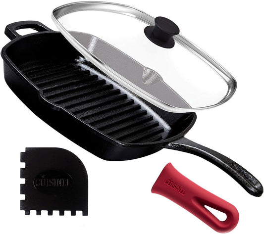 Cast Iron Square Grill Pan + Glass Lid + Pan Scraper + Handle Cover - 10.5" Pre-Seasoned Ridged Skillet - Grill, Stovetop, Fire, Indoor/Outdoor Use - for Grilling, Frying, Sauteing