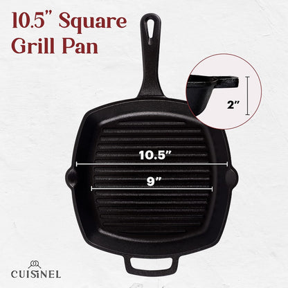 Cast Iron Square Grill Pan + Glass Lid + Pan Scraper + Handle Cover - 10.5" Pre-Seasoned Ridged Skillet - Grill, Stovetop, Fire, Indoor/Outdoor Use - for Grilling, Frying, Sauteing