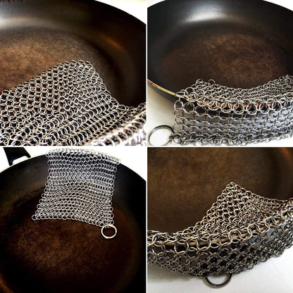 Stainless Steel Cast Iron Cleaner, Chainmail Cast Iron Scrubber Skillet for Wok, Cooking Pot, Griddle, Cauldron Maintenance, Pre Seasoned Pans, Dutch Ovens - 7.9" X 7.9"